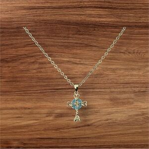 Intricate 925 Sterling Silver Cross with blue Opal Necklace Free Chain